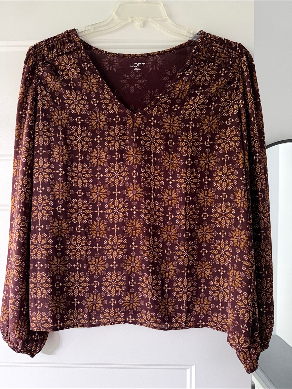 LOFT Burgundy Printed V-Neck Long-Sleeve Blouse with tan Floral Motif